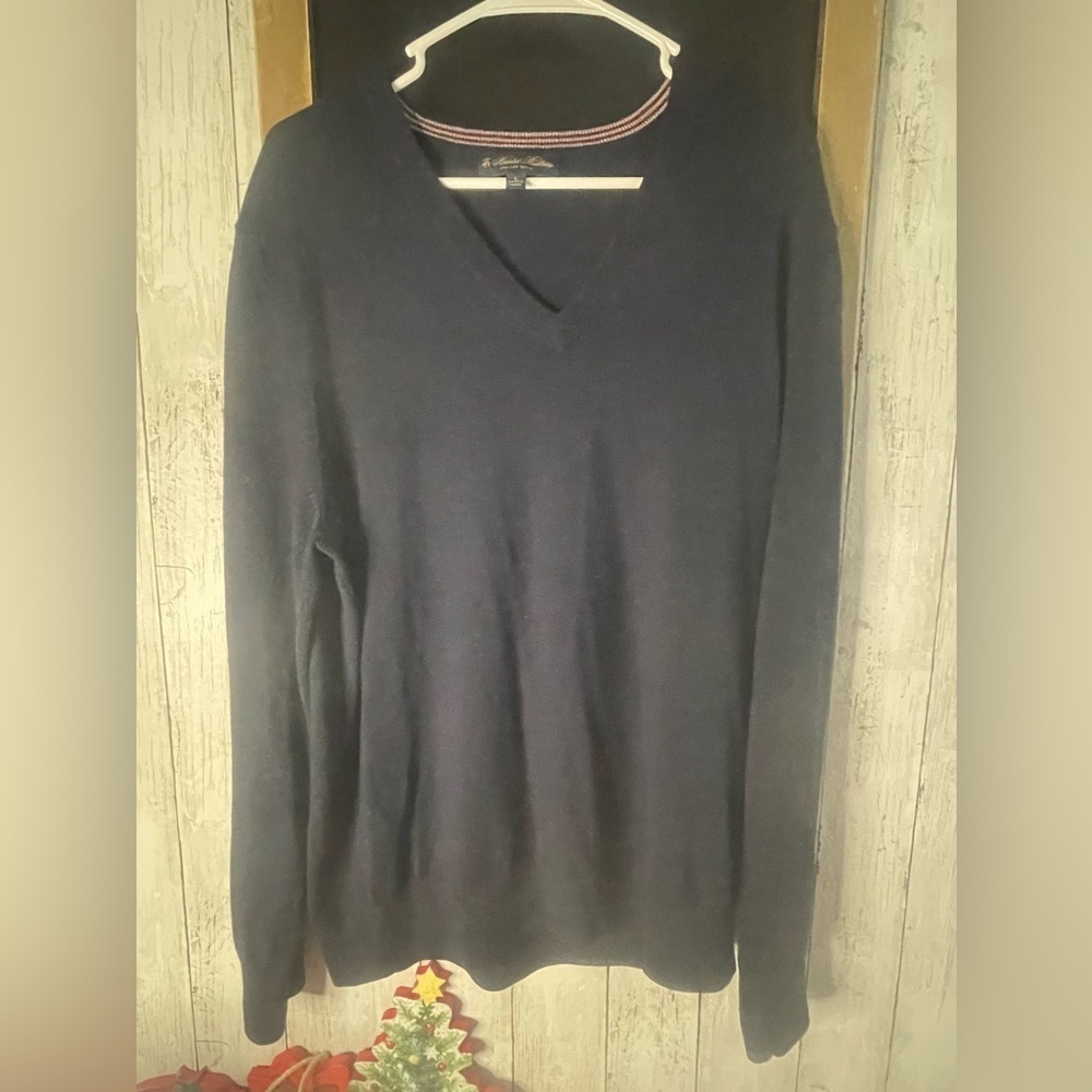 Brooks Brothers Sweater Mens Large Navy Wool V-Neck Fine Italian Yarn